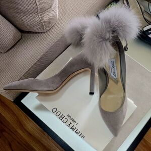 Jimmy Choo Grey Suede Pointed-Toe Pumps with Fur Trim 9